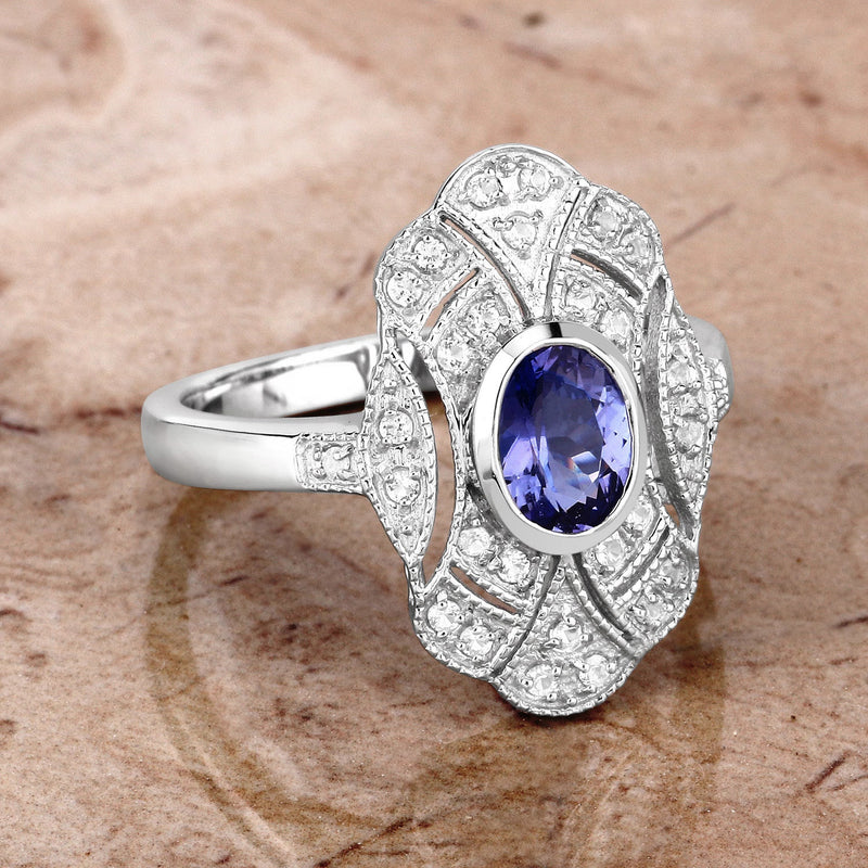 Bids.com 1.17 Carat Genuine Tanzanite and White Topaz .925 Sterling Silver Ring Rings