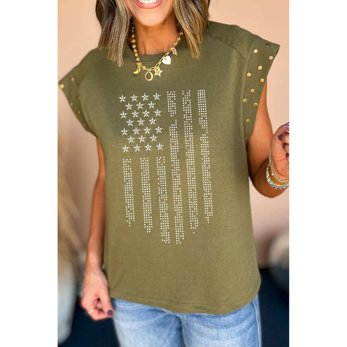 Rhinestone US Flag Round Neck Cap Sleeve T-Shirt