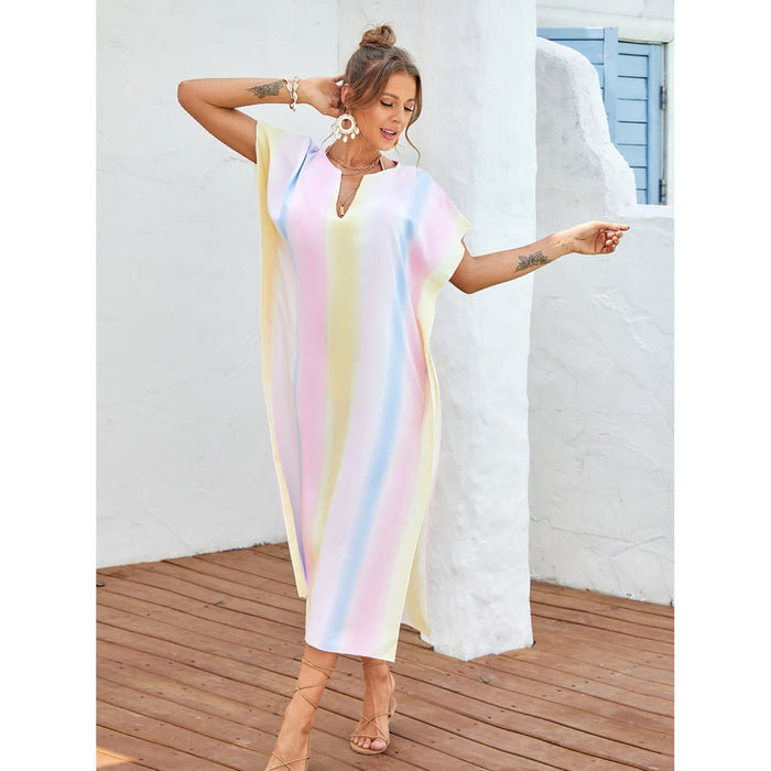 Slit Striped Notched Short Sleeve Cover Up