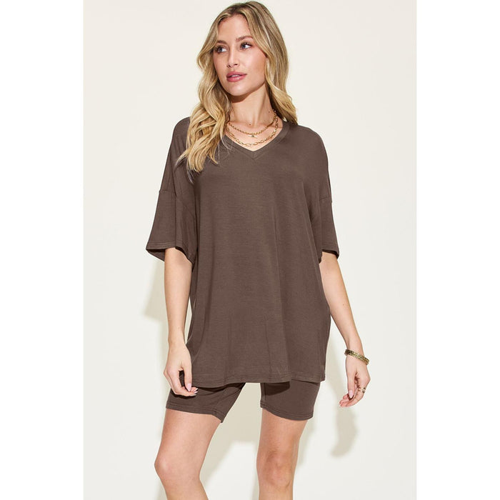 V-Neck Drop Shoulder Short Sleeve T-Shirt and Shorts Set