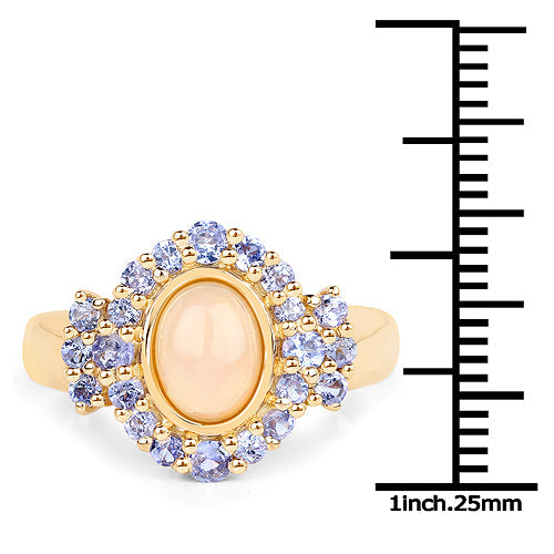Bids.com 14K Yellow Gold Plated 1.74 Carat Genuine Ethiopian Opal and Tanzanite .925 Sterling Silver Ring Rings