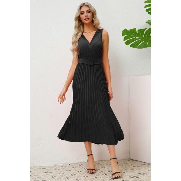 Surplice Sleeveless Midi Pleated Dress