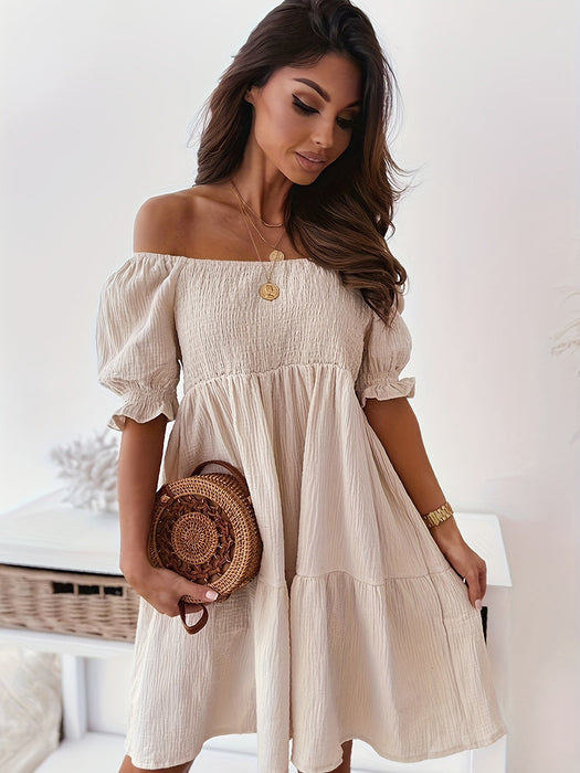 Ruched Ruffled Off-Shoulder Short Sleeve Dress