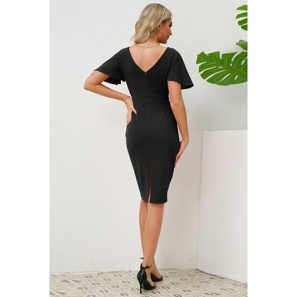 Slit Round Neck Flutter Sleeve Dress