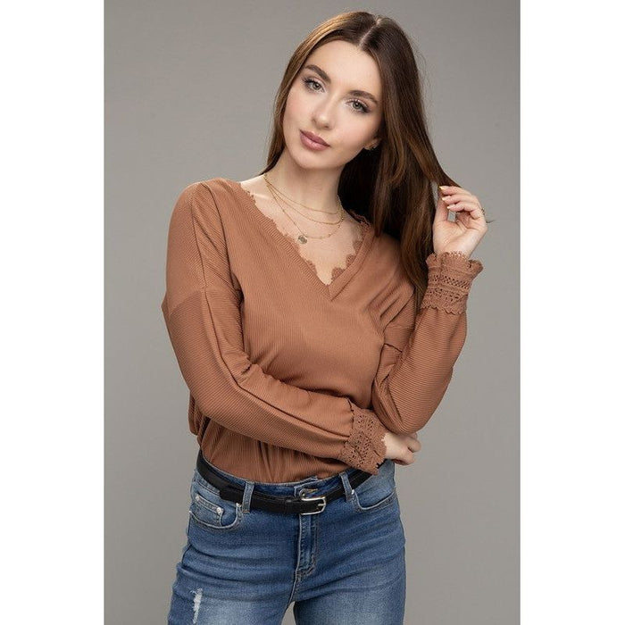 Lace Trim V Neck Long Sleeve Top