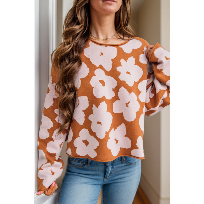 Flower Round Neck Long Sleeve Knit Top