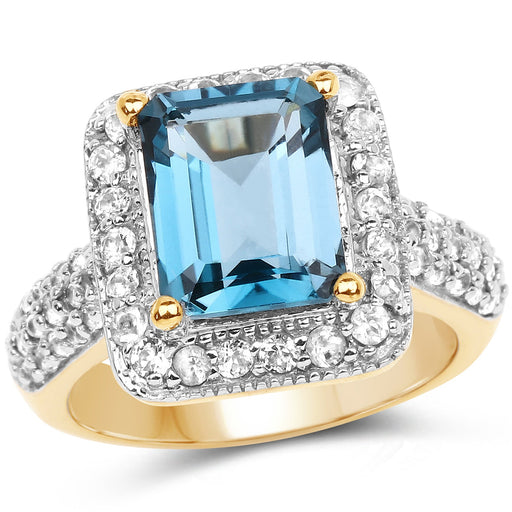 Bids.com 14K Yellow Gold Plated 5.03 Carat Genuine London Blue Topaz and White Topaz .925 Sterling Silver Ring Rings