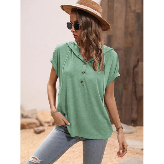 Half Button Hooded Short Sleeve Blouse