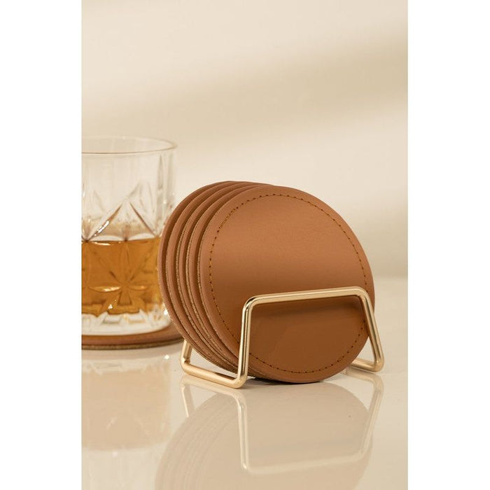 6 Round PU Leather Coasters Set