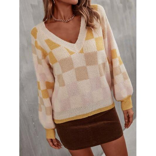 Checkered V-Neck Lantern Sleeve Sweater