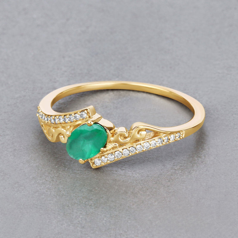 Bids.com 0.51 Carat Genuine Zambian Emerald and White Diamond 14K Yellow Gold Ring Rings