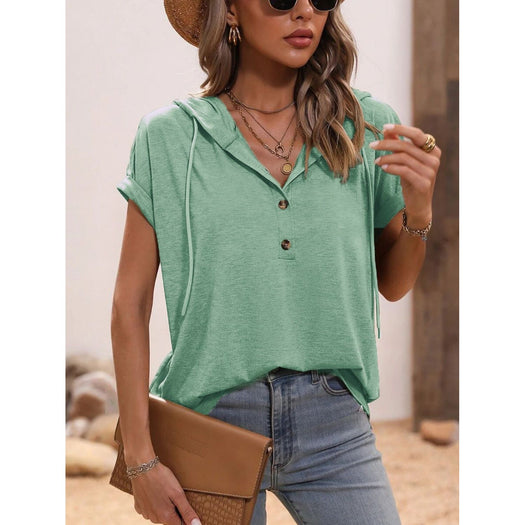 Half Button Hooded Short Sleeve Blouse