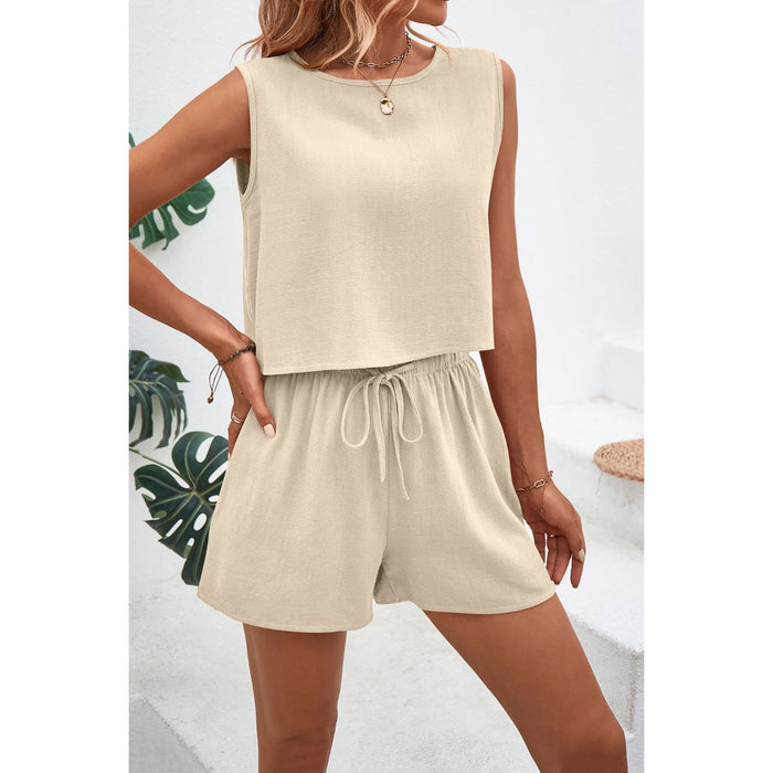 Round Neck Top and Drawstring Shorts Set