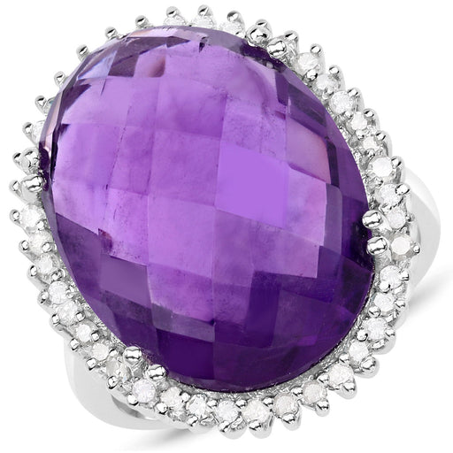 Bids.com 14.90 Carat Genuine Amethyst and White Diamond .925 Sterling Silver Ring Rings