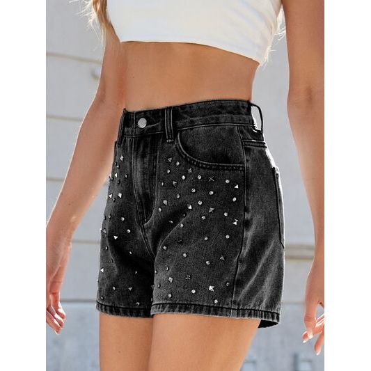 Mill's Beauty Supply Rhinestone Washed High Waist Denim Shorts