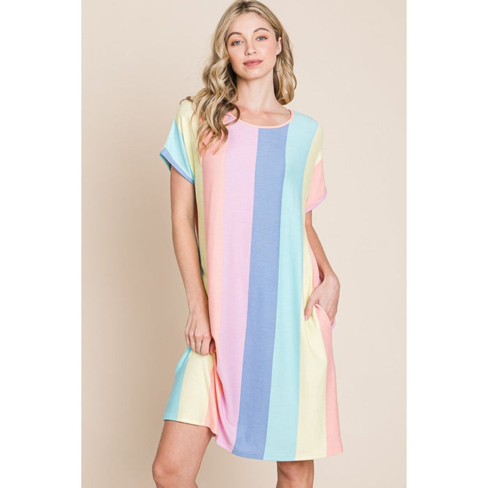 BOMBOM Striped Short Sleeve Dress with Pockets