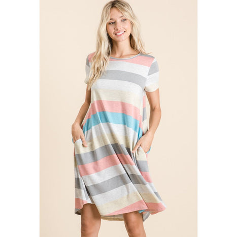 Striped Short Sleeve Dress with Pockets