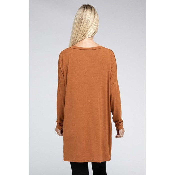 Dolman Long Sleeve V-Neck Side Slit Hi-Low Hem Top