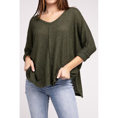 3/4 Sleeve V-Neck Hi-Low Hem Jacquard Sweater