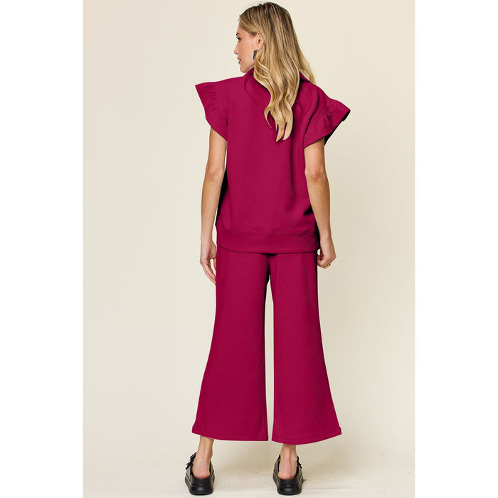 Texture Ruffle Short Sleeve Top and Drawstring Wide Leg Pants Set