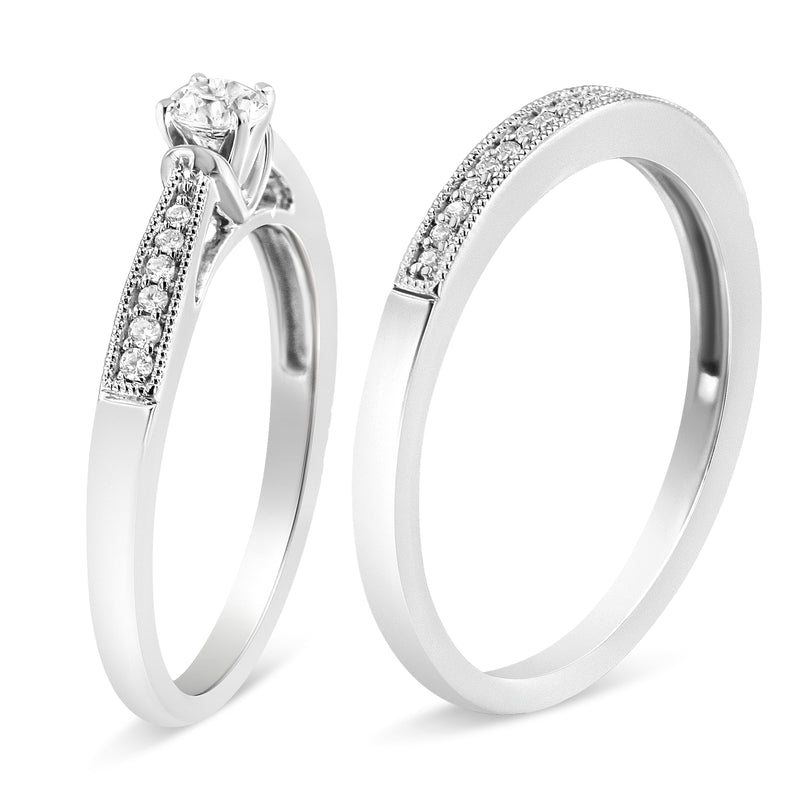 Bids.com .925 Sterling Silver 1/3 Cttw Diamond Classic Engagement Ring Bridal Set with Milgrain (I-J Color, I3 Clarity) - Ring Size 7 Rings