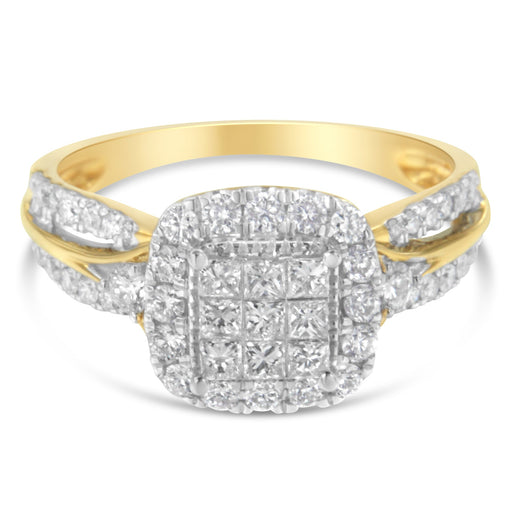 Bids.com 10K Yellow Gold 1.0 Cttw Diamond Composite Cushion-Shape Halo 3-Band-Look Engagement Ring (H-I Color, SI1-SI2 Clarity) - Size 6-1/4 Rings
