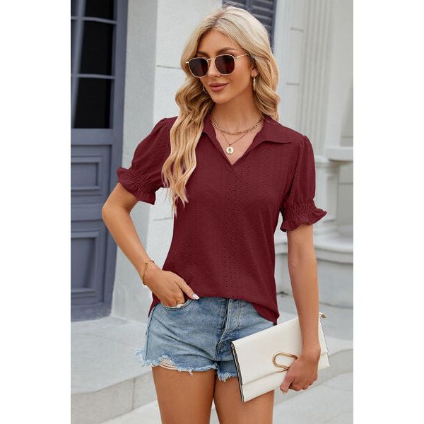 Eyelet Johnny Collar Short Sleeve Blouse