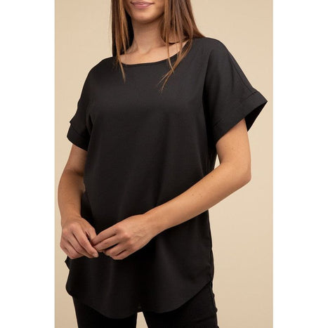 Woven Heavy Dobby Rolled Sleeve Boat Neck Top