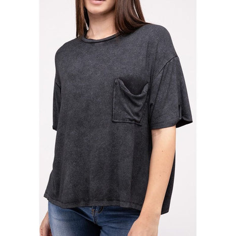 Washed Ribbed Cuffed Short Sleeve Round Neck Top