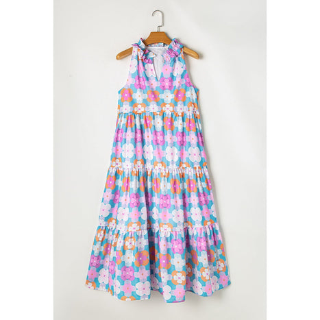 Frill Printed Notched Sleeveless Dress