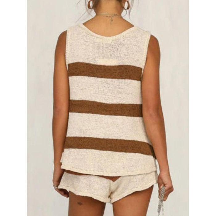 V-Neck Sleeveless Top and Drawstring Shorts Sweater Set