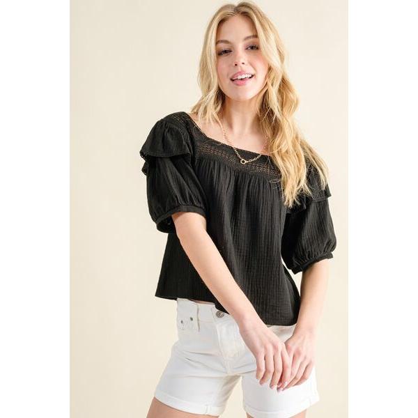 And The Why Square Neck Cotton Gauze Ruffled Blouse