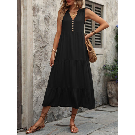 Decorative Button Notched Sleeveless Dress