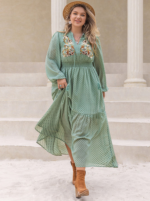 Tassel Printed Tie Neck Long Sleeve Midi Dress