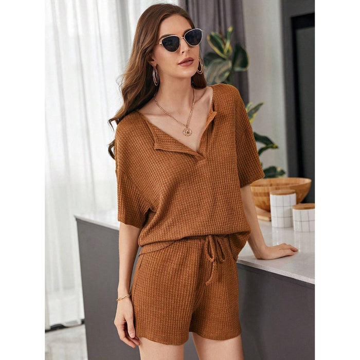 Waffle-Knit Dropped Shoulder Top and Shorts Set