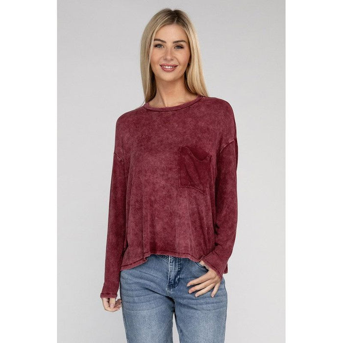 Washed Ribbed Dolman Sleeve Round Neck Top