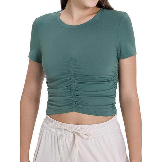 Ruched Round Neck Short Sleeve Active T-Shirt