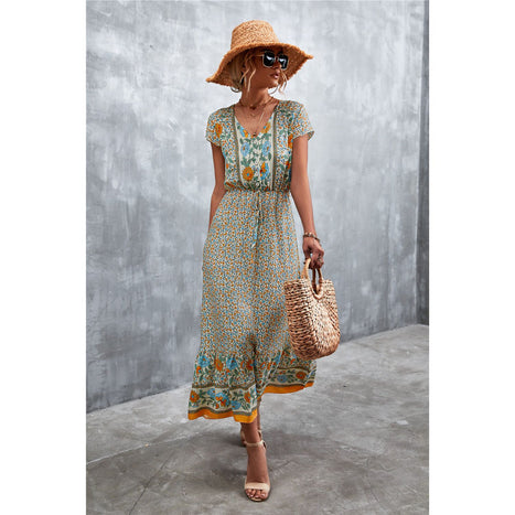 V-Neck Short Sleeve Printed Maxi Dress