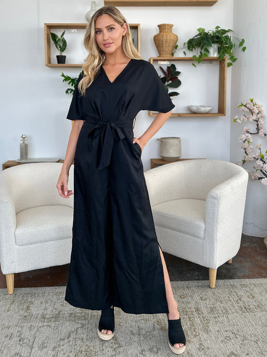 Double Take V-Neck Tie Front Short Sleeve Slit Jumpsuit