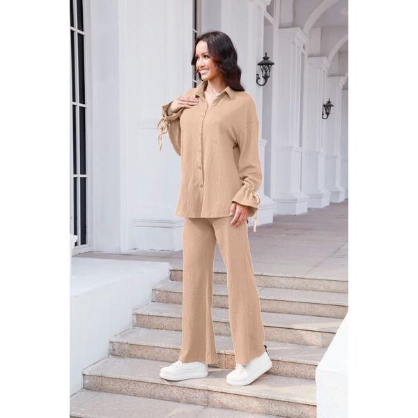 Drawstring Flounce Sleeve Shirt and Pants Set