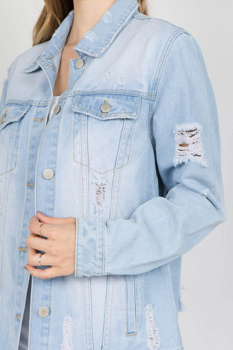 Letter Patched Distressed Denim Jacket in Light Blue