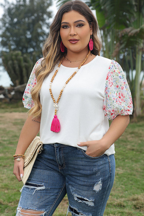 Contrast Floral Puff Sleeve Ribbed Knit Plus Size Blouse