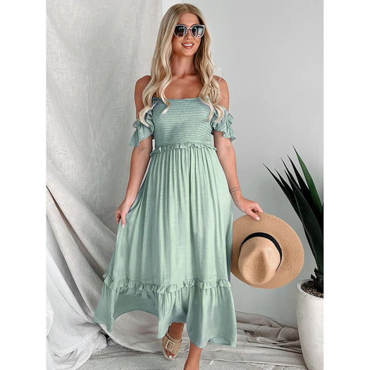 Frill Smocked Off-Shoulder Ruffle Sleeve Dress