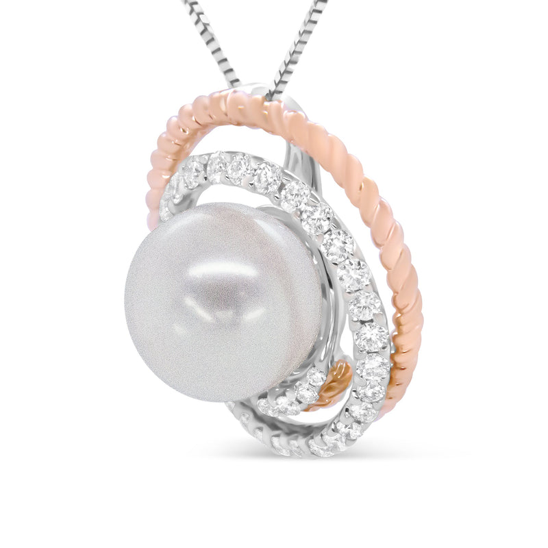 Bids.com 14K Rose and White Gold 3/8 Cttw Pave Diamond and 9mm Round Pearl Spiral Openwork 18" Pendant Necklace- (H-I Color, VS1-VS2 Clarity) Necklaces