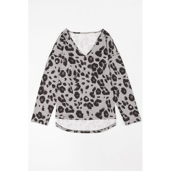 Leopard V-Neck Dropped Shoulder Blouse