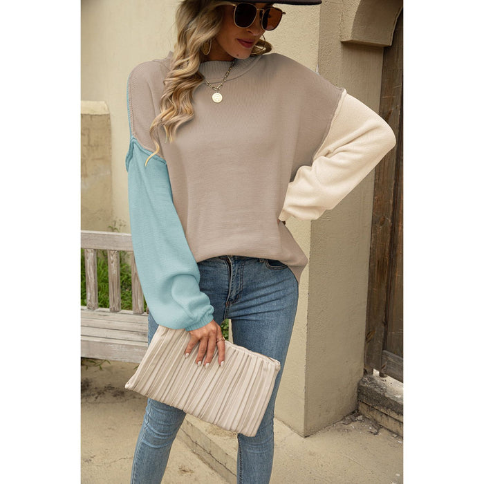 Color Block Round Neck Dropped Shoulder Sweater