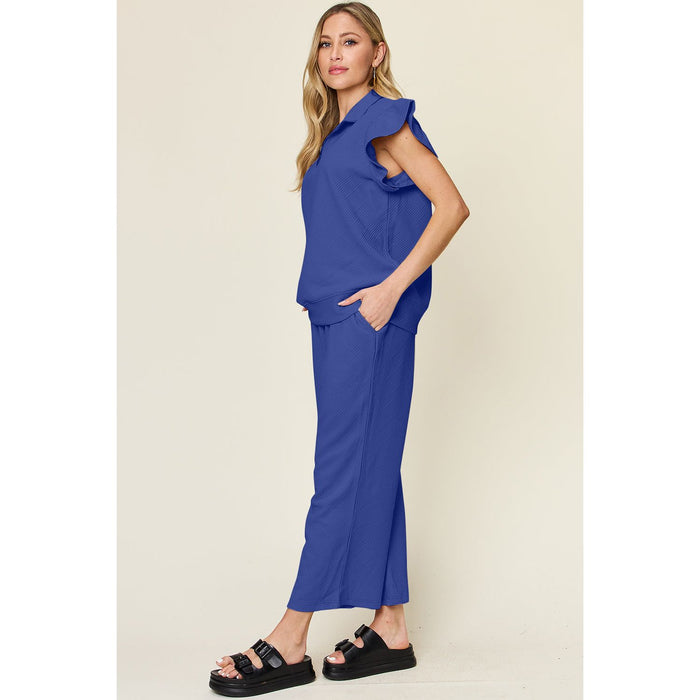 Texture Ruffle Short Sleeve Top and Drawstring Wide Leg Pants Set