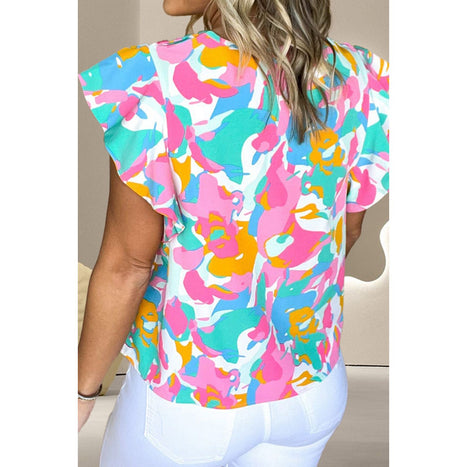 Ruffled Printed Notched Cap Sleeve Blouse