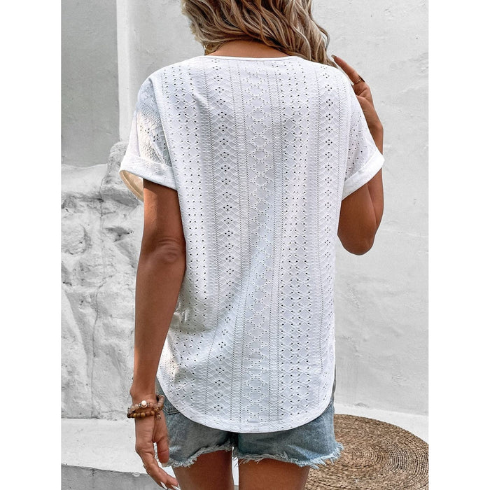 Eyelet V-Neck Short Sleeve Blouse