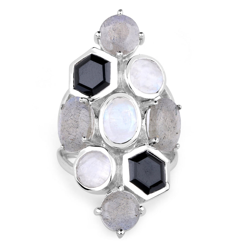 Bids.com 10.30 Carat Genuine White Rainbow Moonstone, Labradorite And Black Onyx .925 Sterling Silver Ring Rings